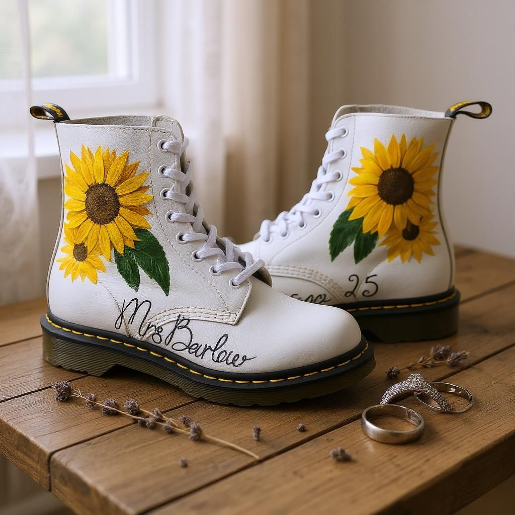 Hand-Painted Sunflower Wedding Martens – Custom Bridal Boots