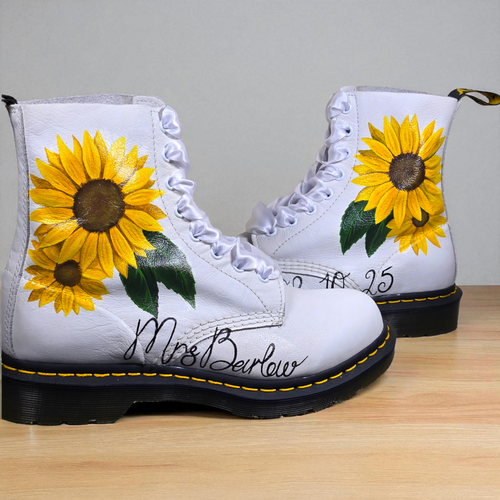 "Hand-Painted Sunflower Wedding Dr. Martens – Custom Bridal Boots"