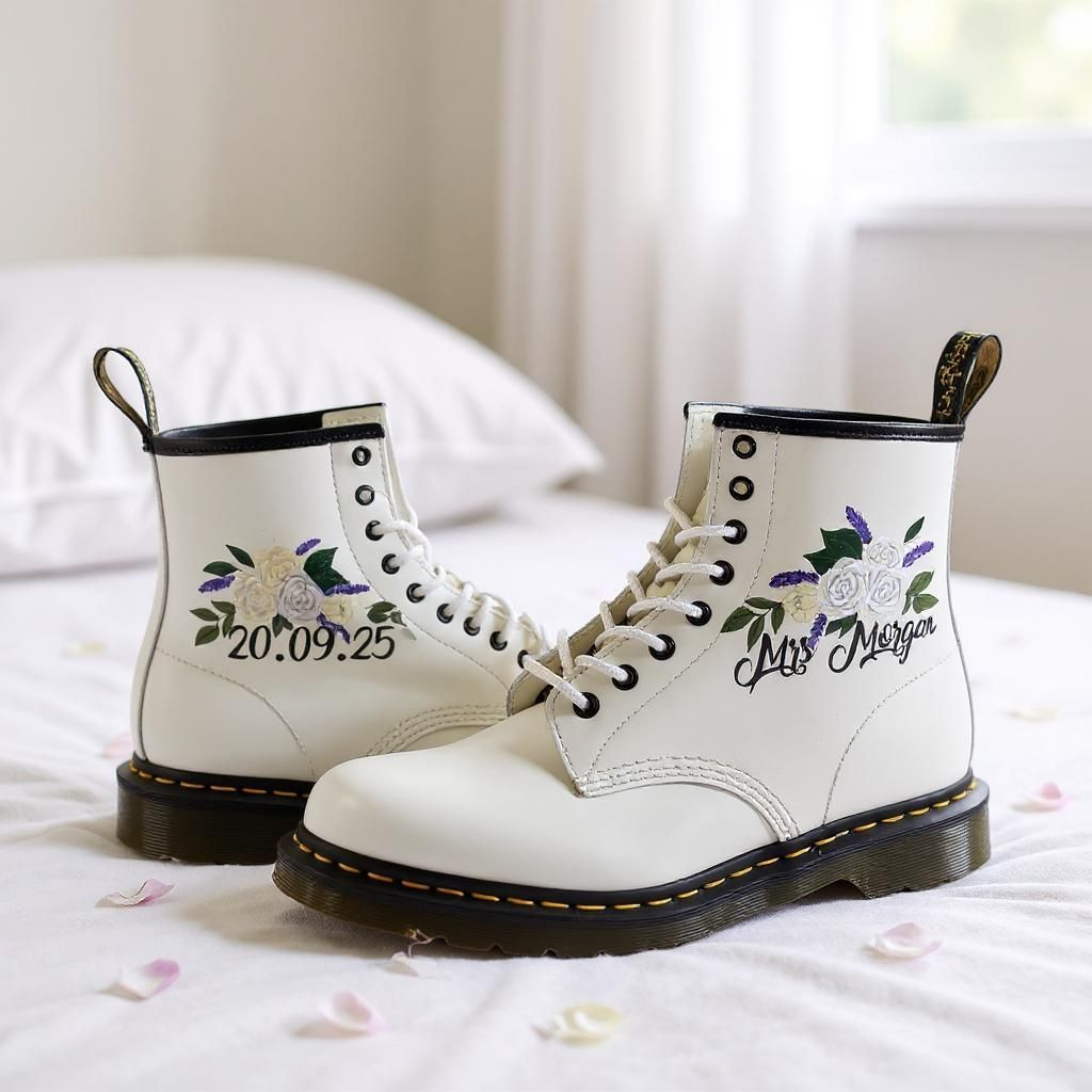 Personalised Wedding Flowers desig with Date & Married Name – Custom Bridal Dr. Martens