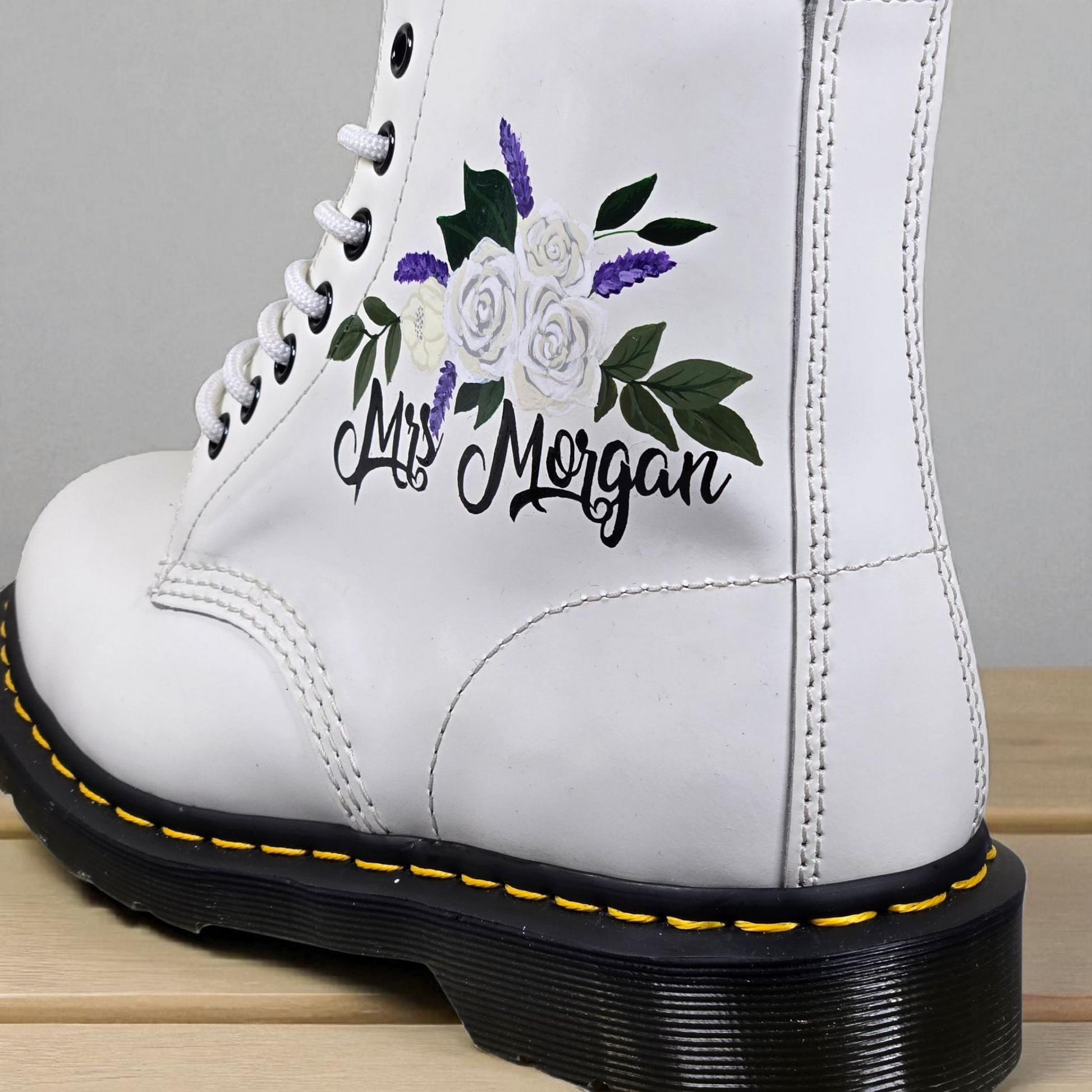 Personalised Wedding Flowers desig with Date & Married Name – Custom Bridal Dr. Martens