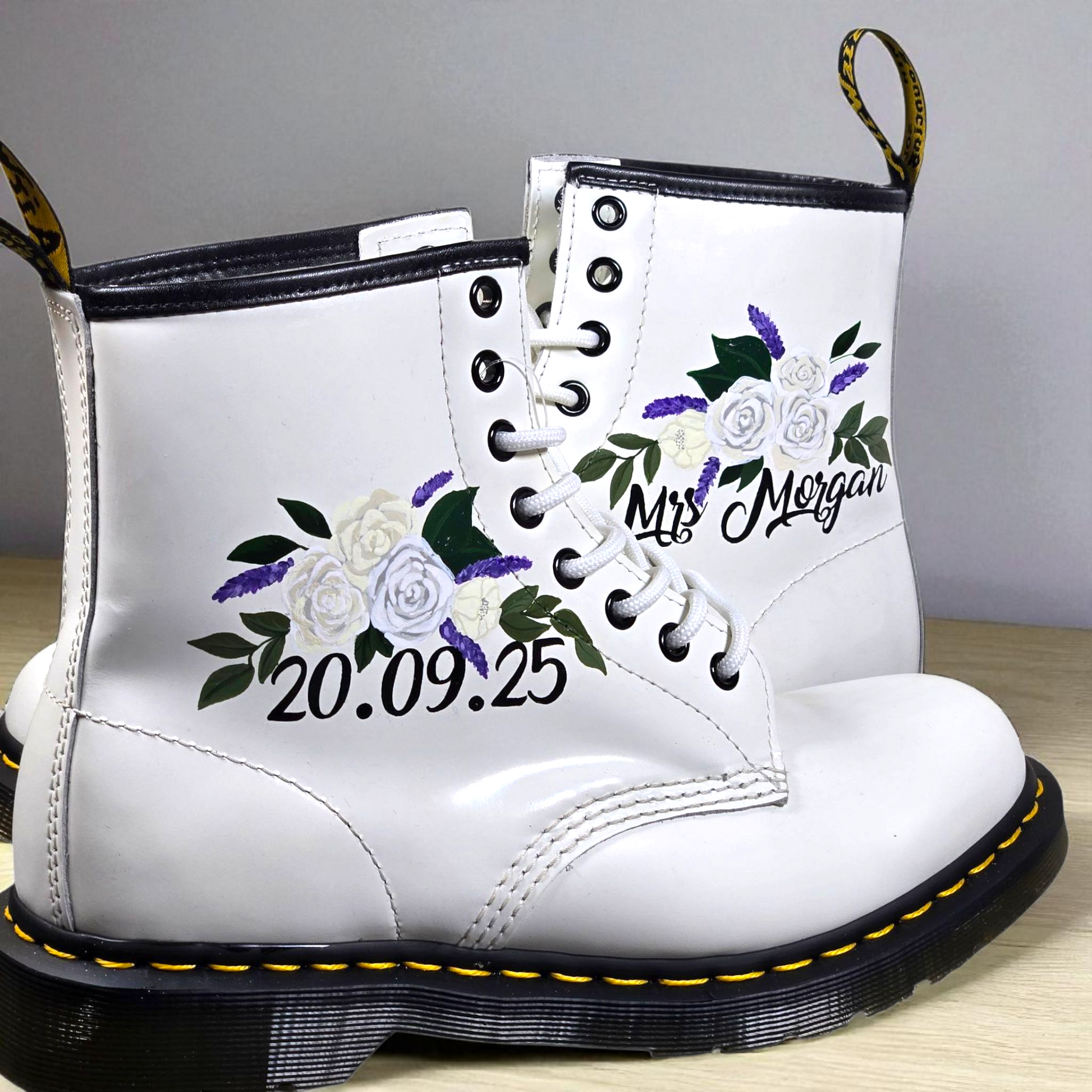 Personalised Wedding Flowers desig with Date & Married Name – Custom Bridal Dr. Martens