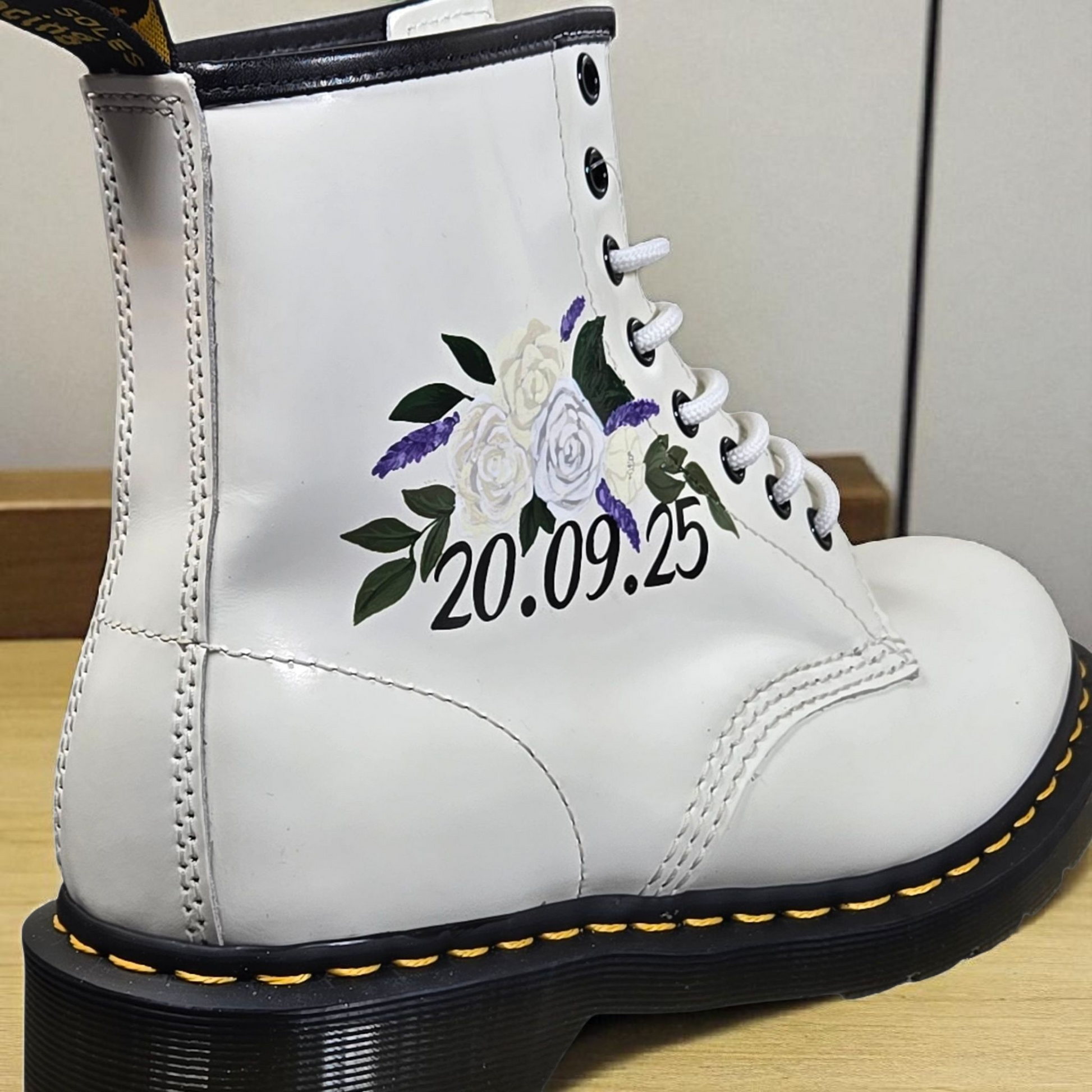 Personalised Wedding Flowers desig with Date & Married Name – Custom Bridal Dr. Martens