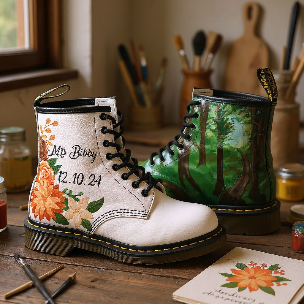 Custom Painted Dr. Martens – Floral & Woodland Design with Wedding Name & Date