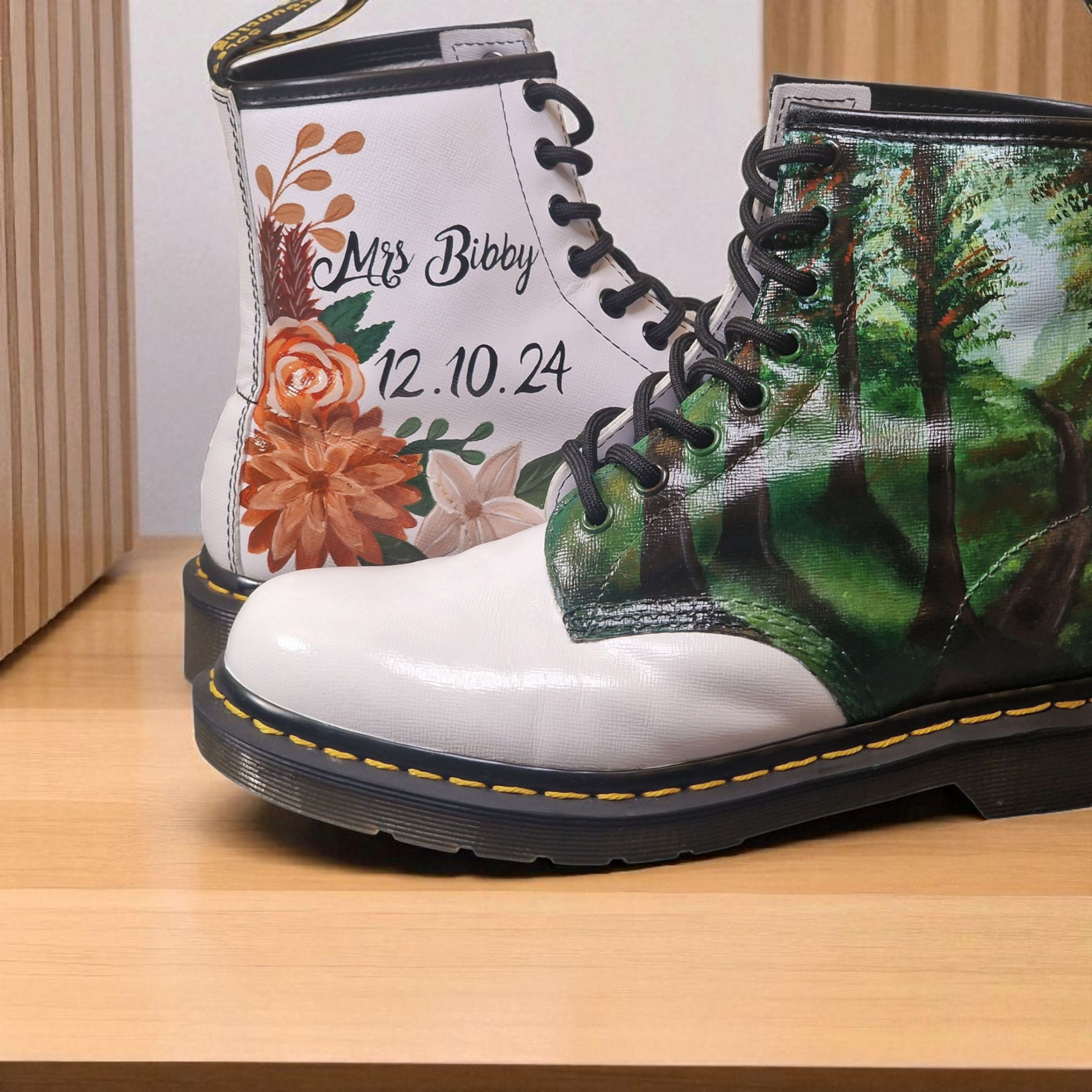 Custom Painted Dr. Martens – Floral & Woodland Design with Wedding Name & Date