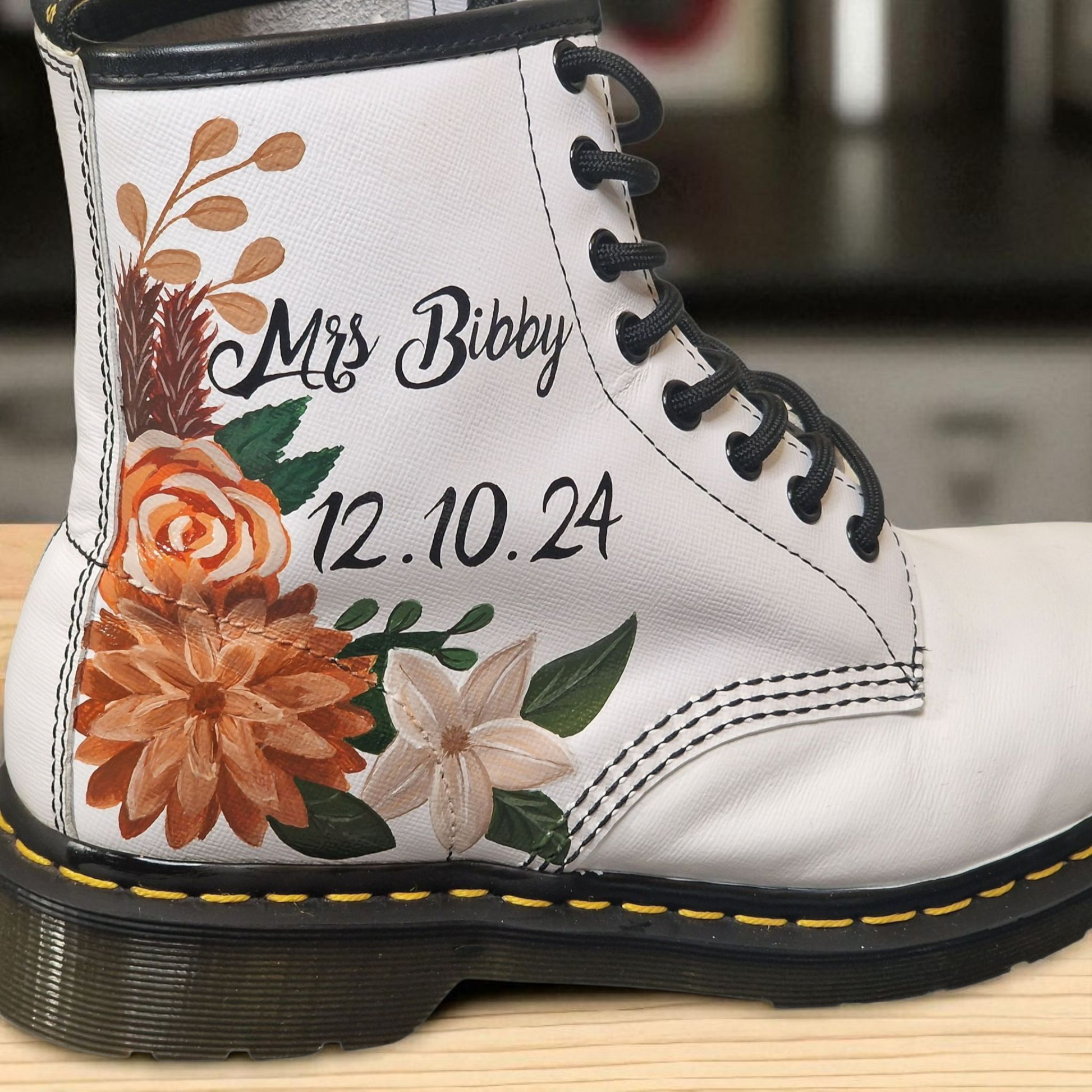 Custom Painted Dr. Martens – Floral & Woodland Design with Wedding Name & Date