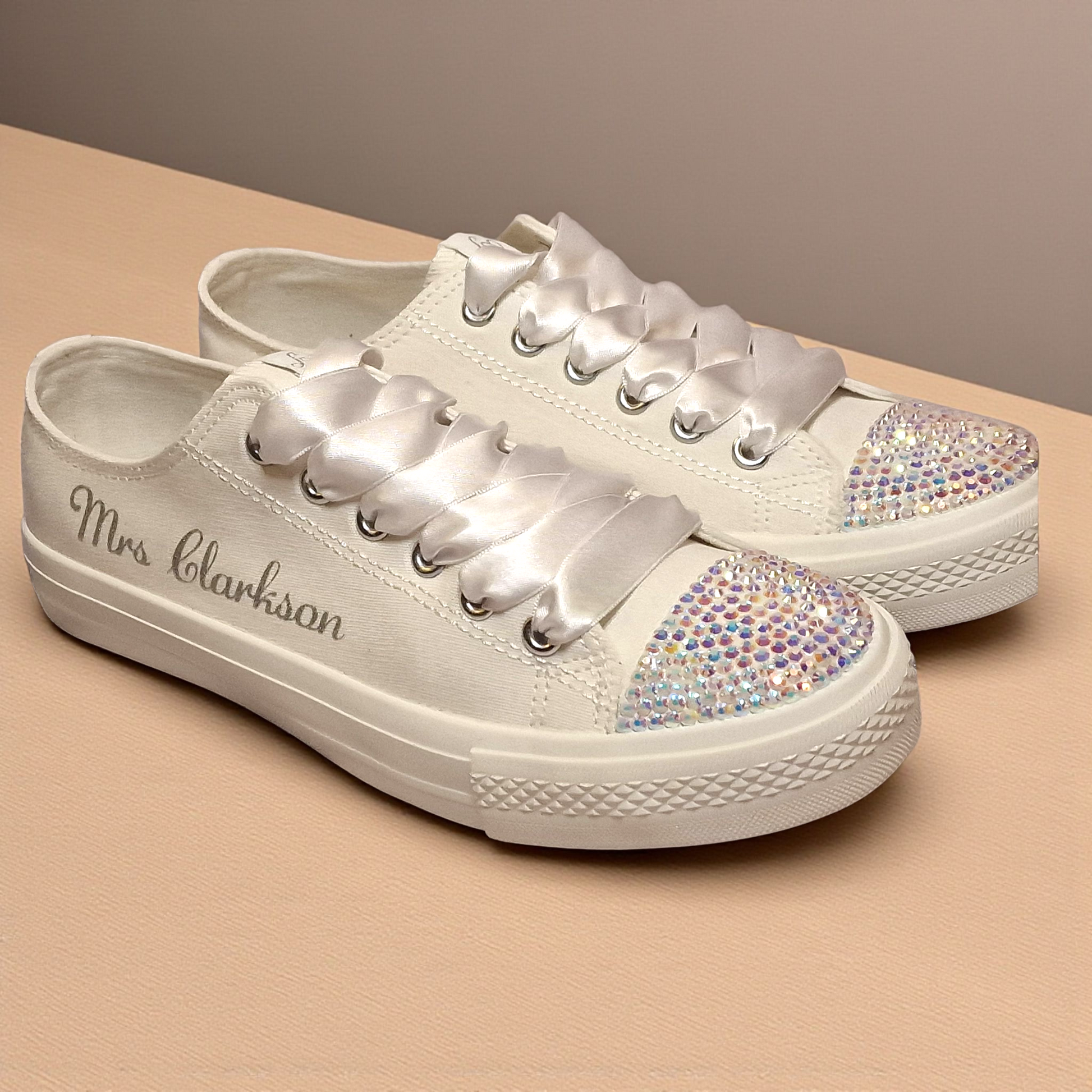 Custom Wedding Trainers with Silver Text & Crystal Toe Detailing
