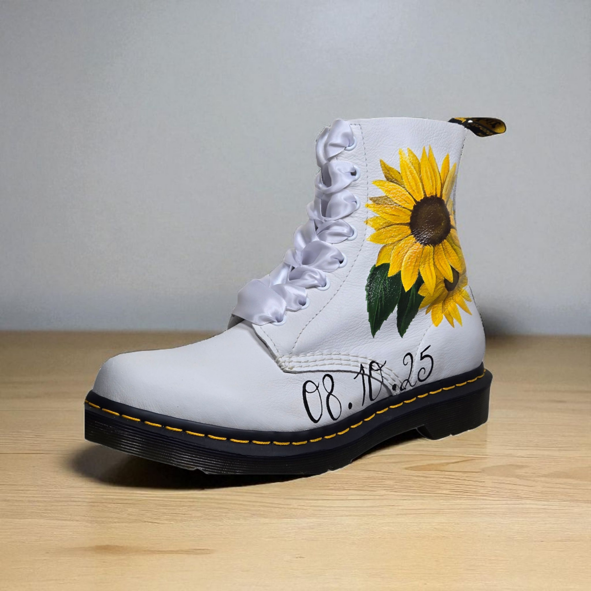 "Hand-Painted Sunflower Wedding Dr. Martens – Custom Bridal Boots"