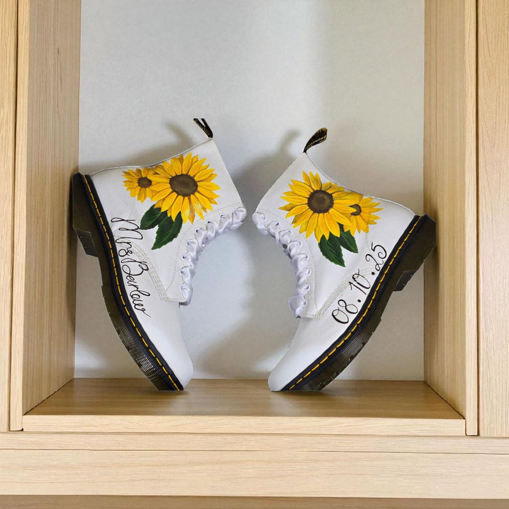 "Hand-Painted Sunflower Wedding Dr. Martens – Custom Bridal Boots"