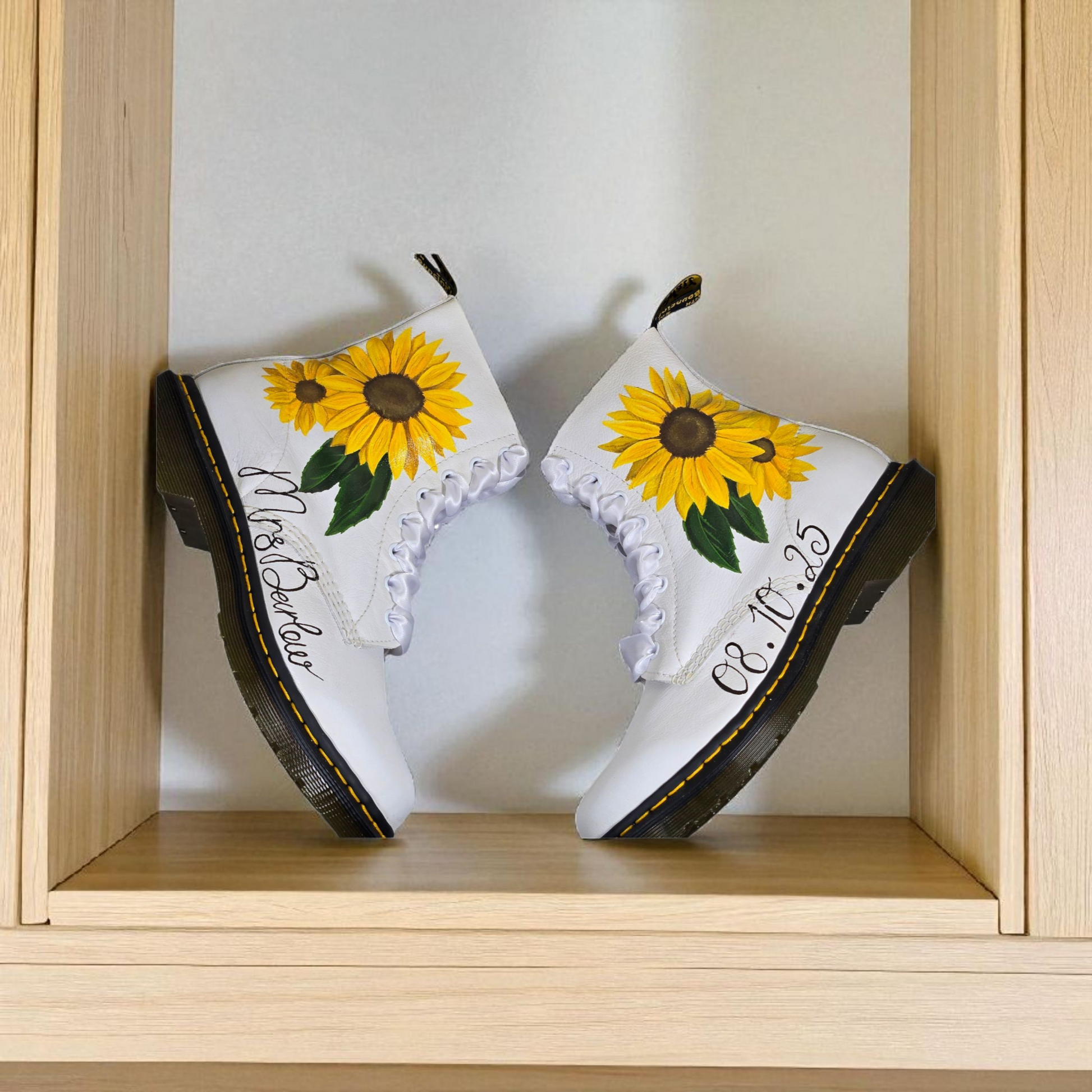 "Hand-Painted Sunflower Wedding Dr. Martens – Custom Bridal Boots"