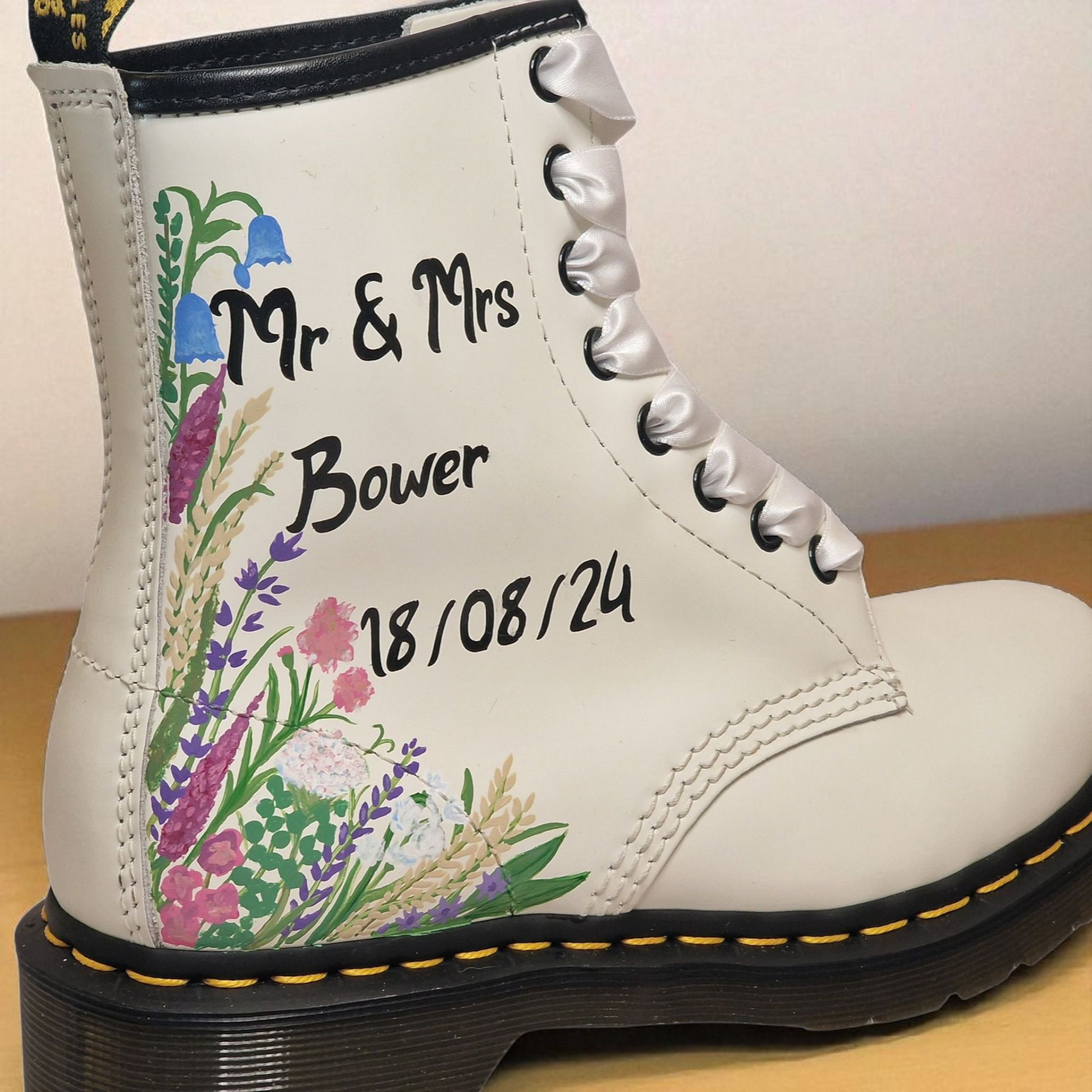 Custom Hand-Painted Wedding Dr. Martens – Floral & Venue Design Bridal Boots