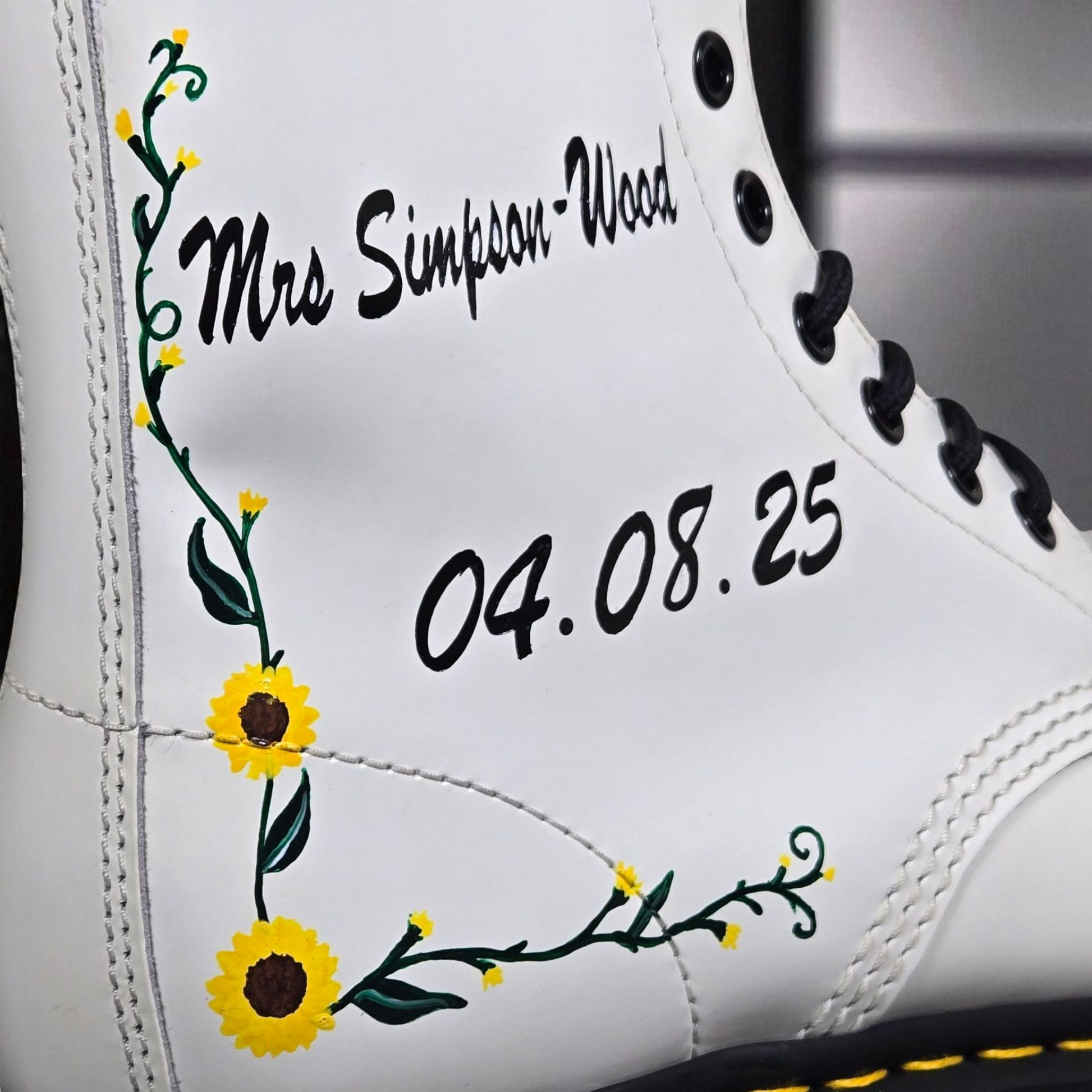 Custom Bridal Dr. Martens Boots – Sunflower Wedding Shoes, Personalised with Name & Date