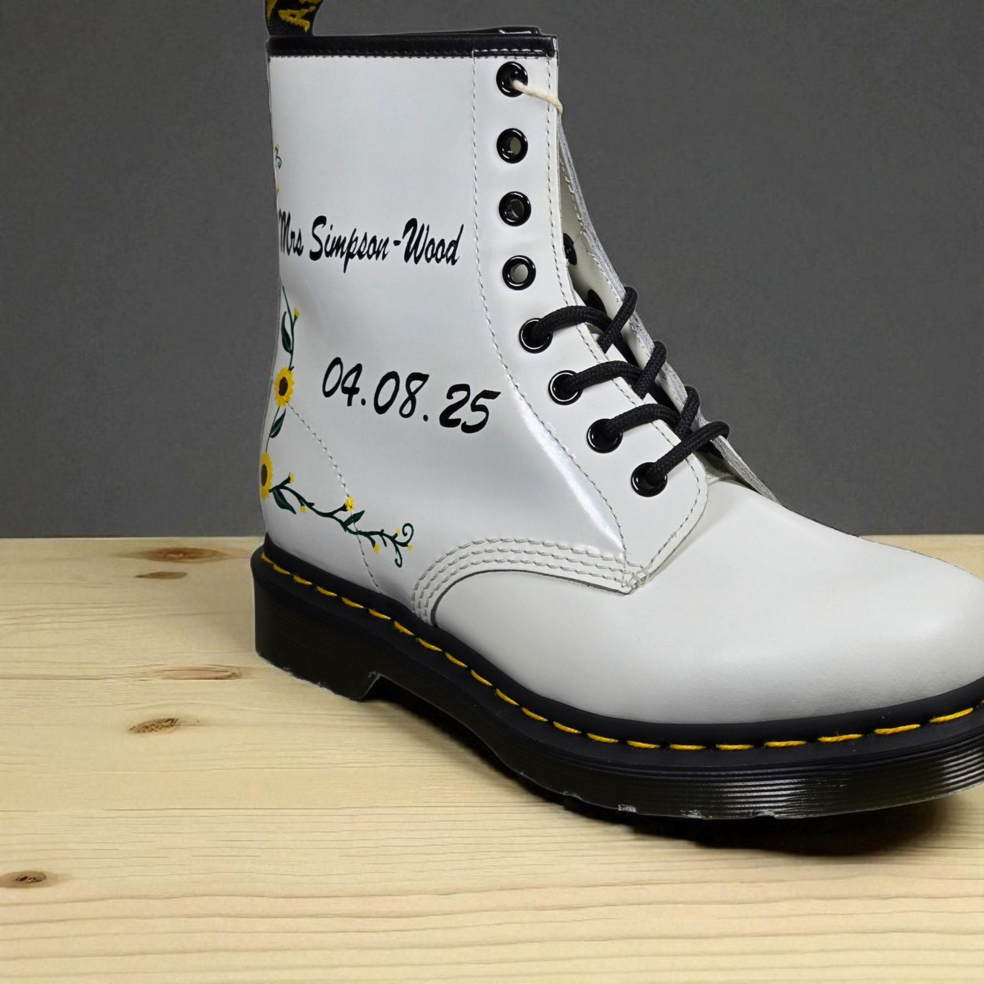 Custom Bridal Dr. Martens Boots – Sunflower Wedding Shoes, Personalised with Name & Date