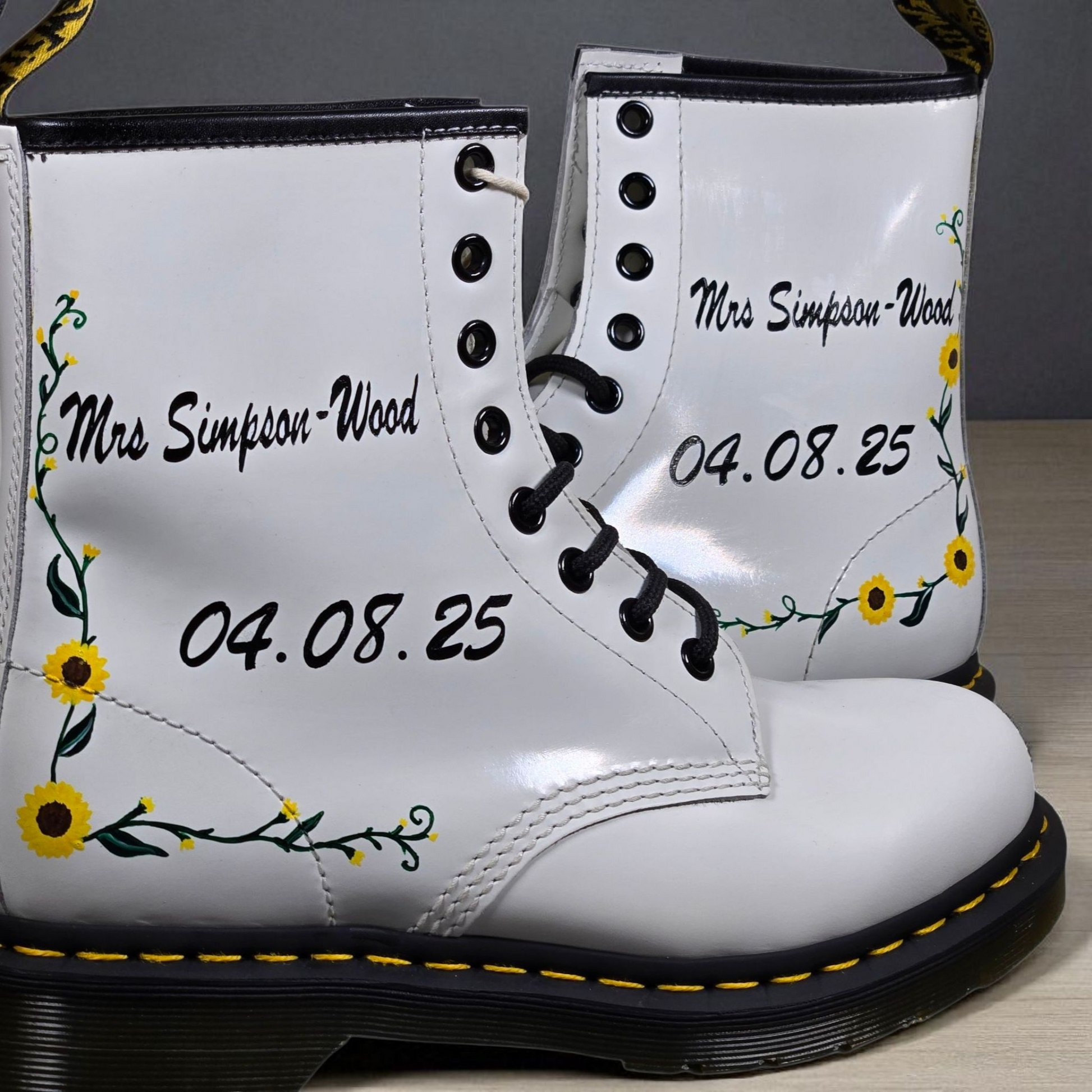 Custom Bridal Dr. Martens Boots – Sunflower Wedding Shoes, Personalised with Name & Date