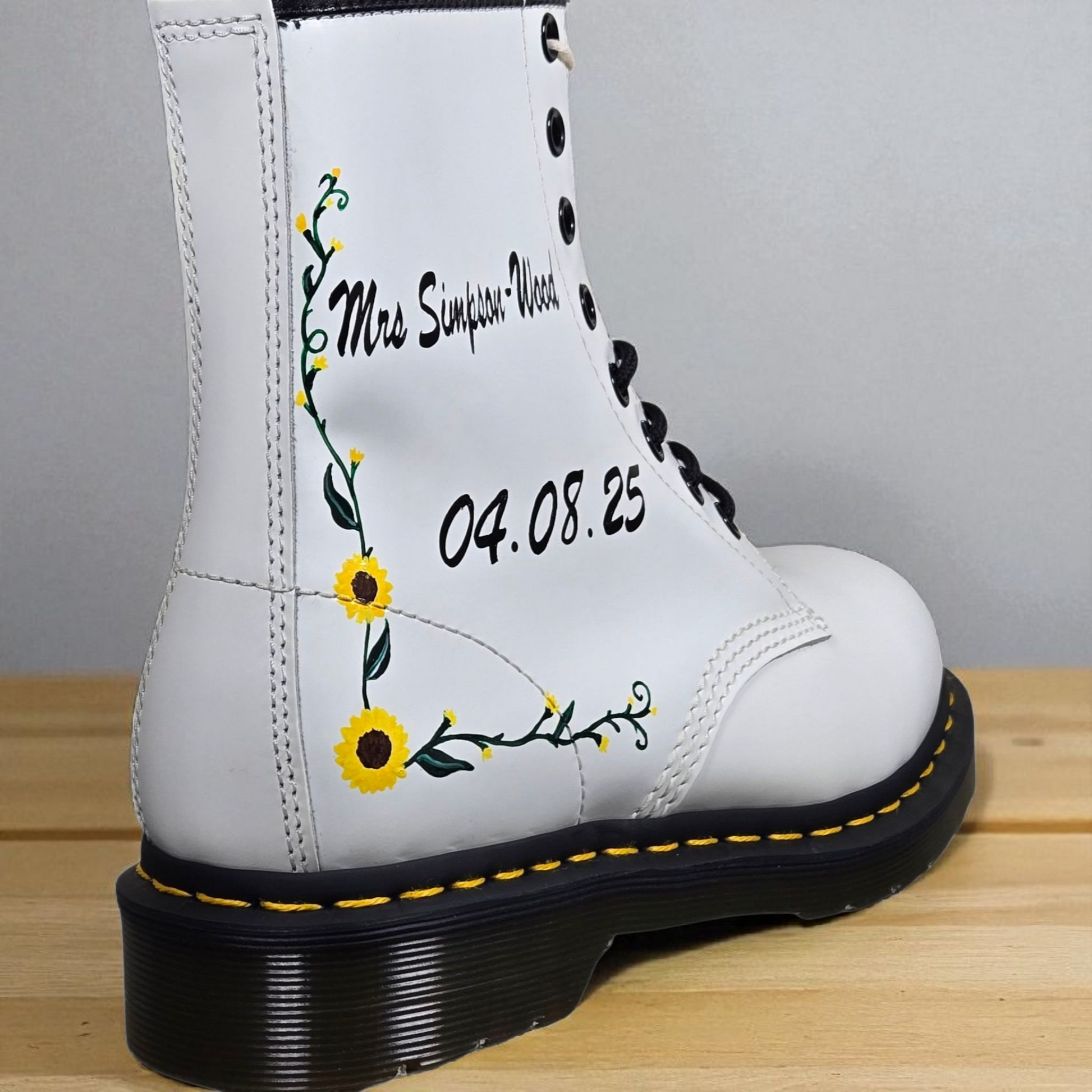 Custom Bridal Dr. Martens Boots – Sunflower Wedding Shoes, Personalised with Name & Date