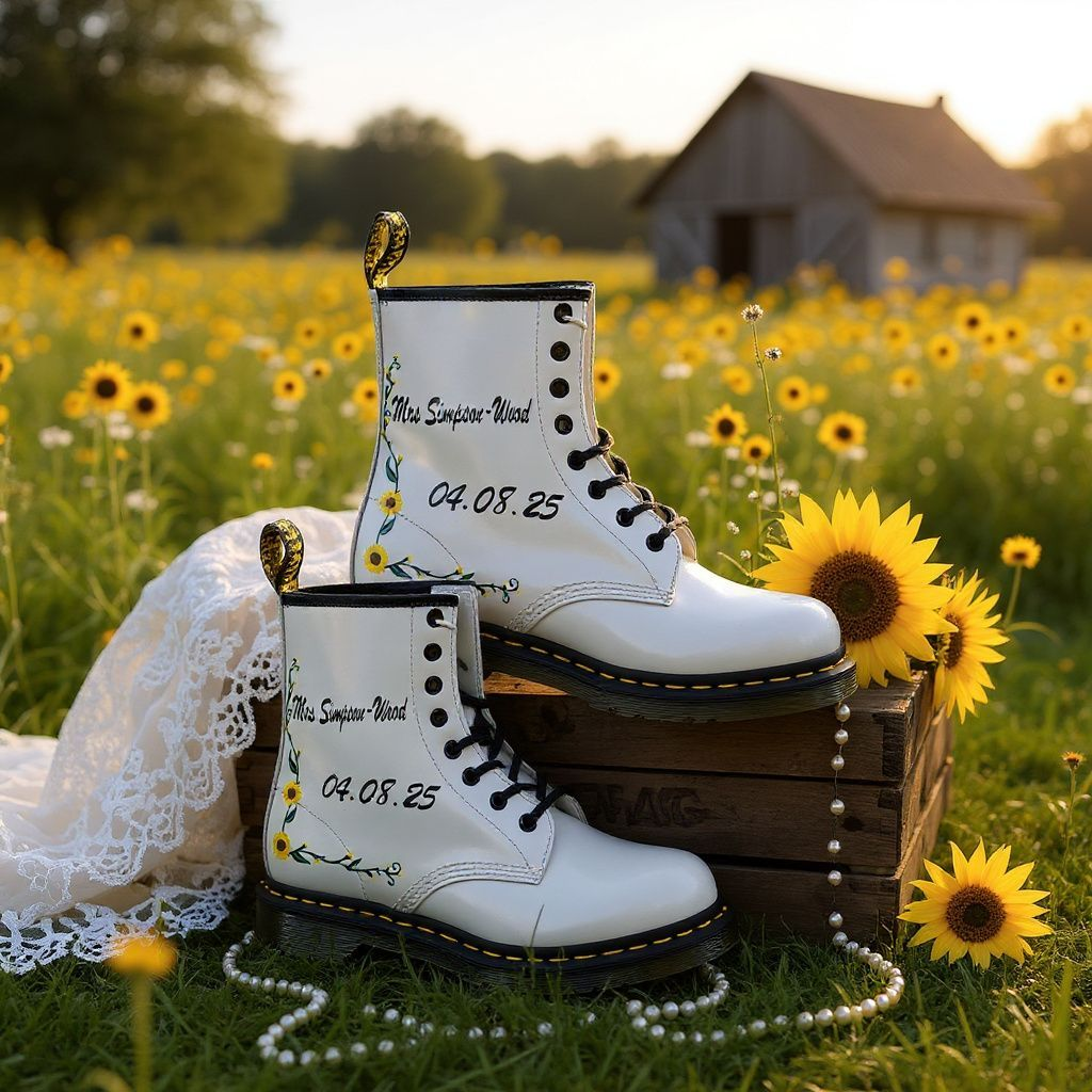 Custom Bridal Dr. Martens Boots – Sunflower Wedding Shoes, Personalised with Name & Date