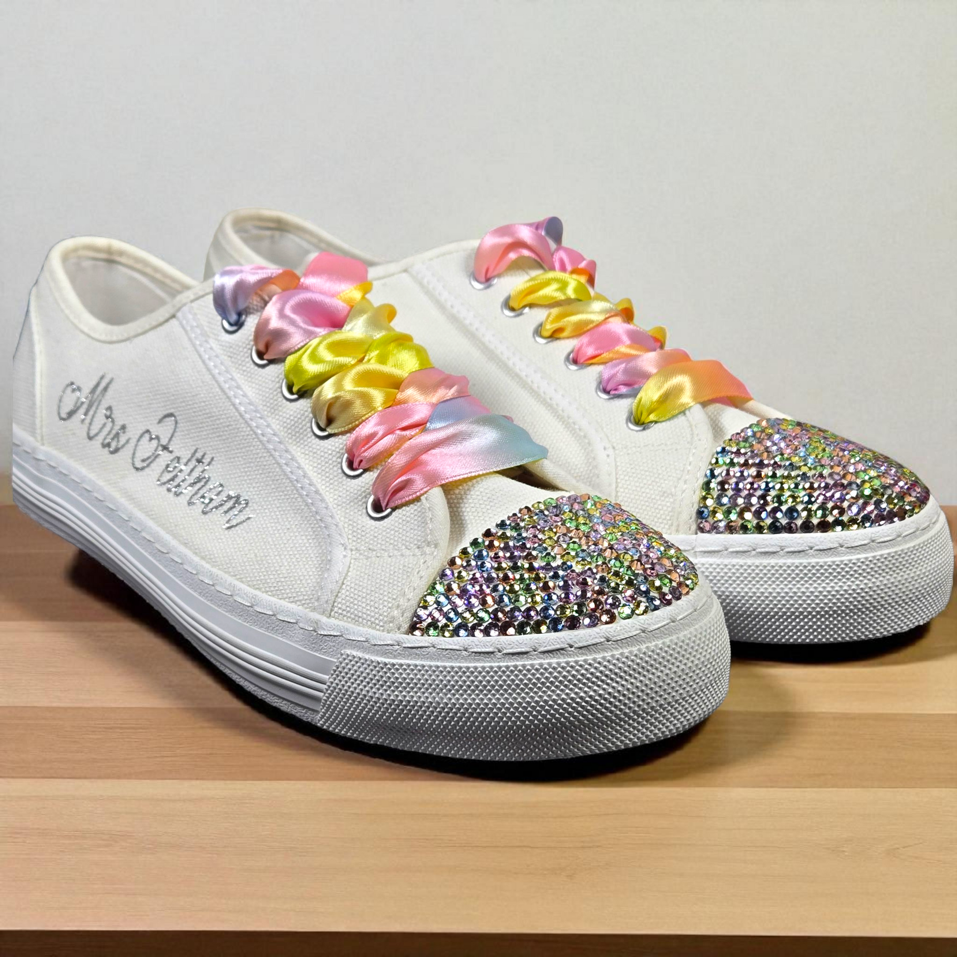 Bridal Trainers with Rainbow Crystals & Elegant Lace"
