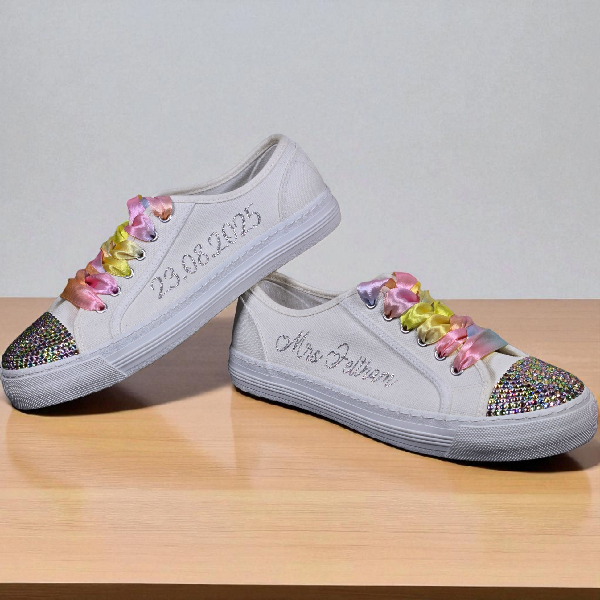 Bridal Trainers with Rainbow Crystals & Elegant Lace"