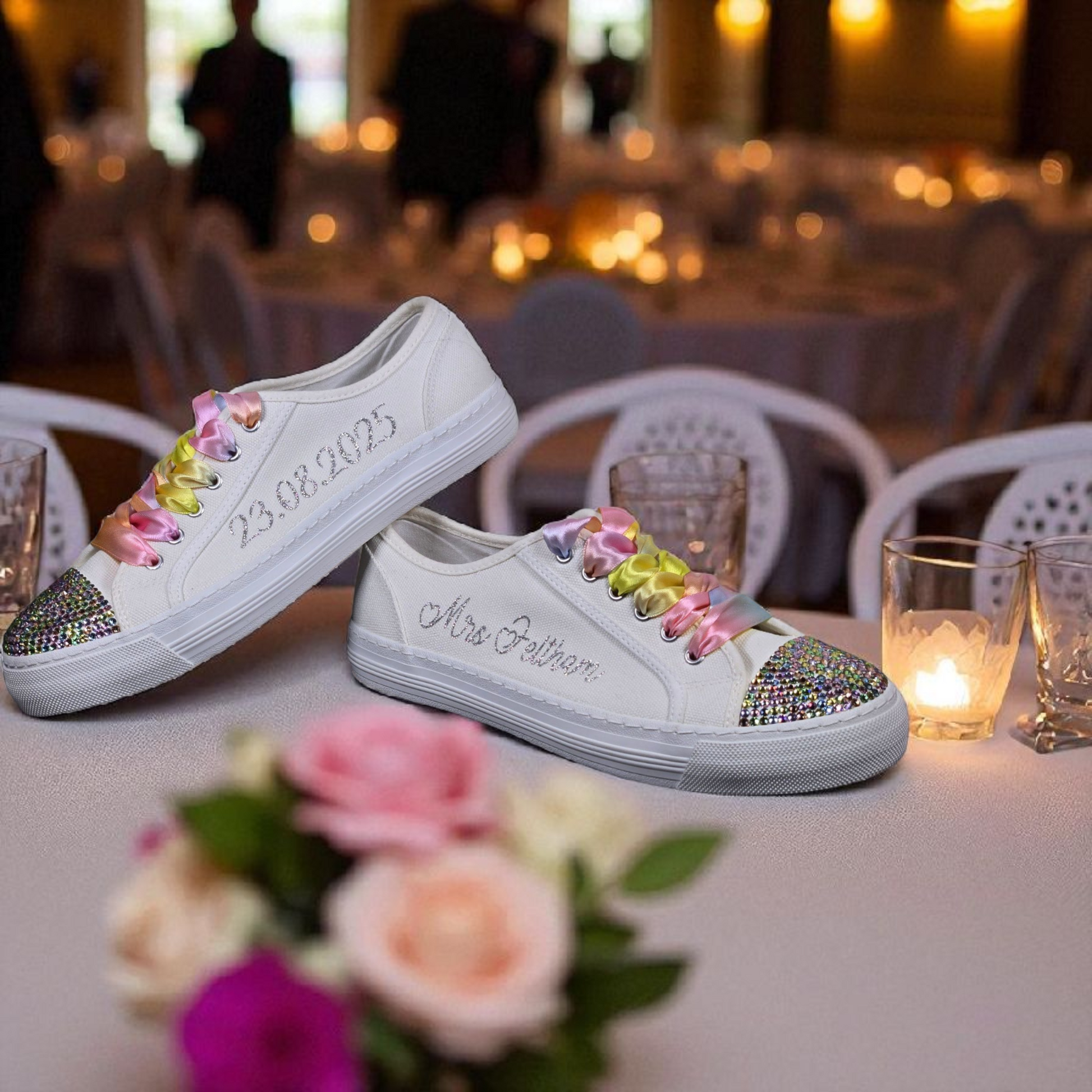 Bridal Trainers with Rainbow Crystals & Elegant Lace"