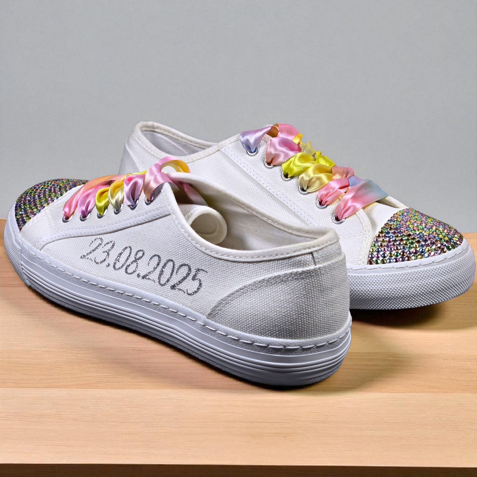 Bridal Trainers with Rainbow Crystals & Elegant Lace"