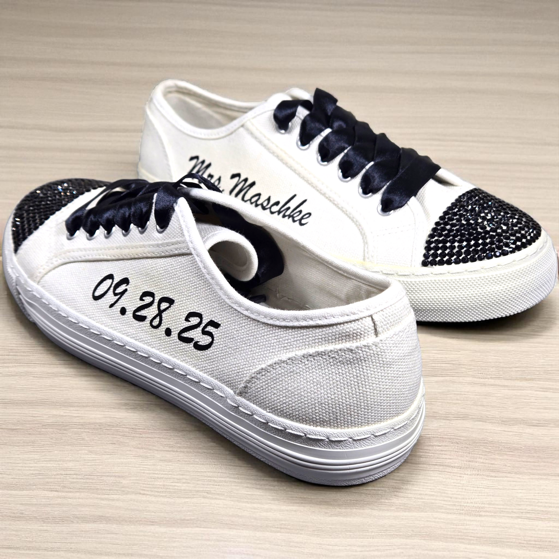 Custom Wedding Trainers – Black Crystal Toe with Black Laces