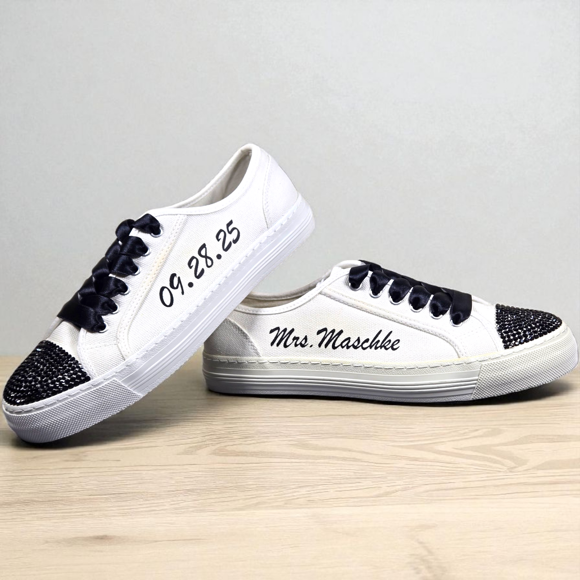 Custom Wedding Trainers – Black Crystal Toe with Black Laces