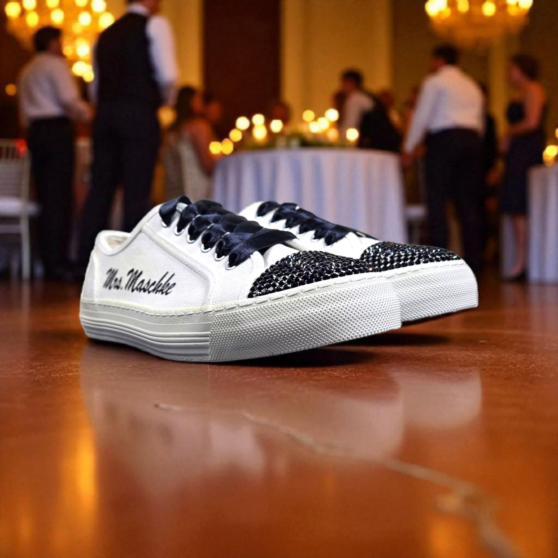 Custom Wedding Trainers – Black Crystal Toe with Black Laces