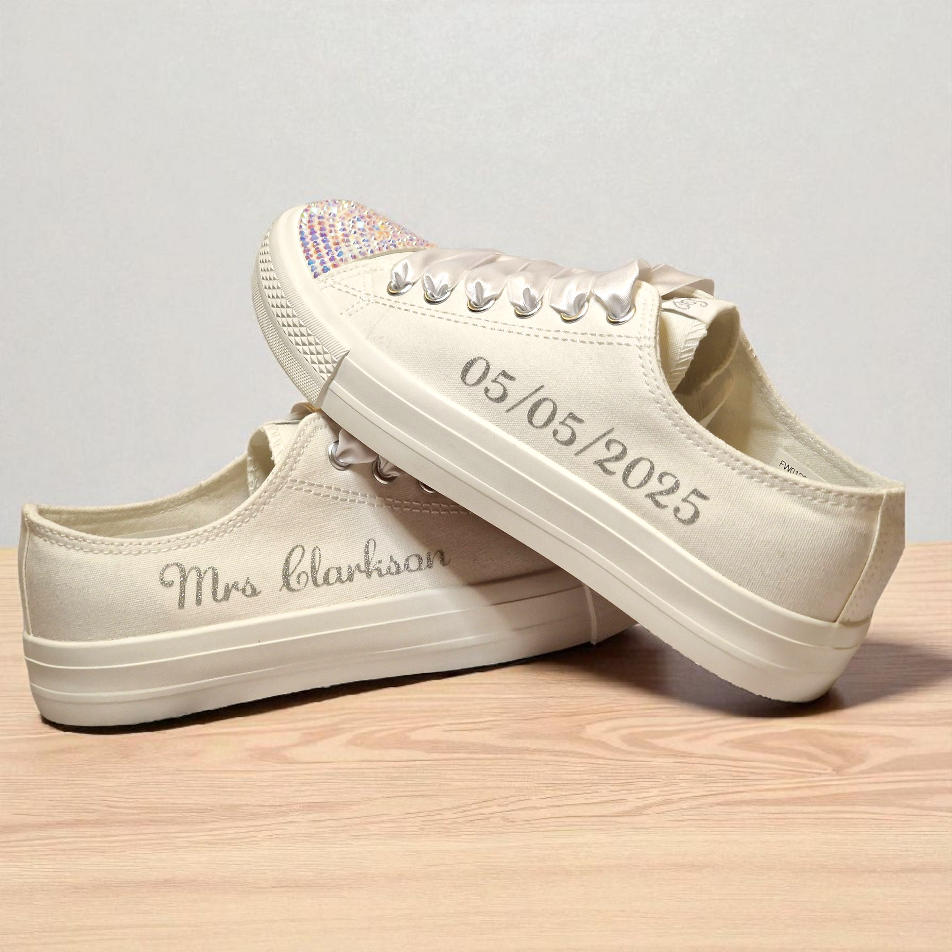 Custom Wedding Trainers with Silver Text & Crystal Toe Detailing