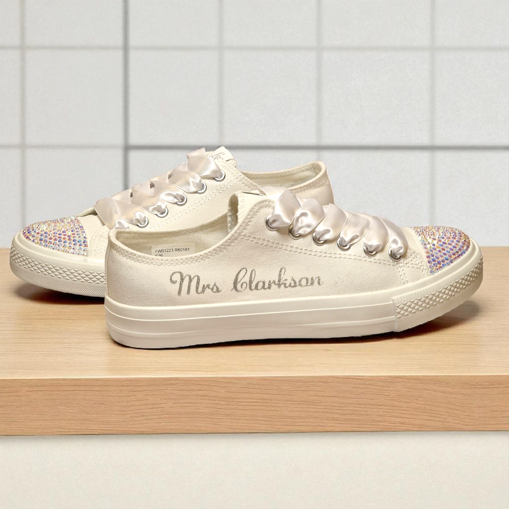Custom Wedding Trainers with Silver Text & Crystal Toe Detailing