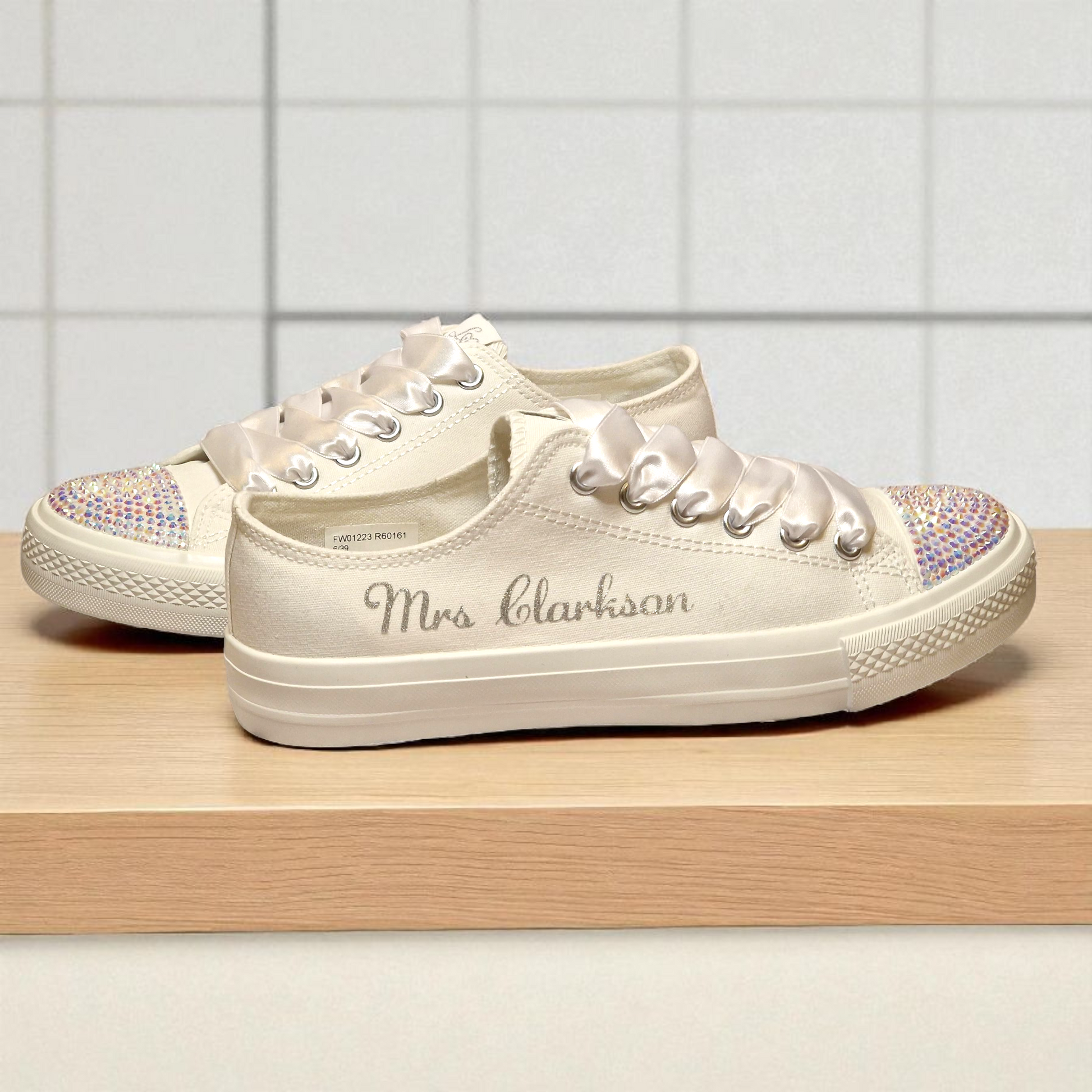 Custom Wedding Trainers with Silver Text & Crystal Toe Detailing