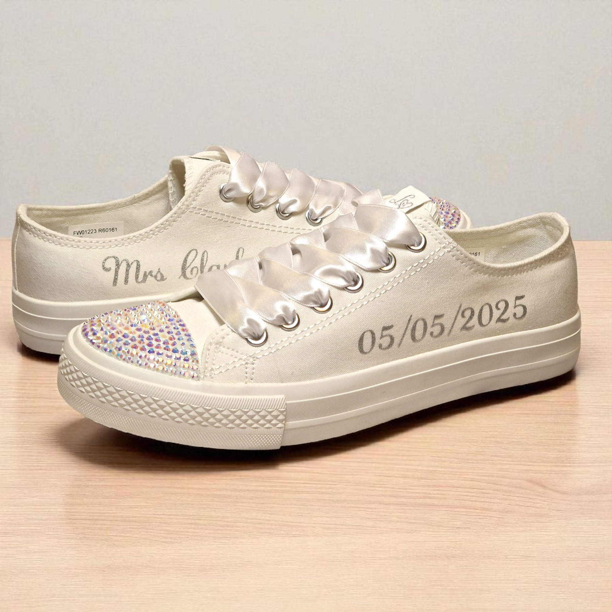 Custom Wedding Trainers with Silver Text & Crystal Toe Detailing