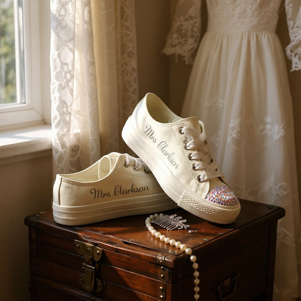 Custom Wedding Trainers with Silver Text & Crystal Toe Detailing