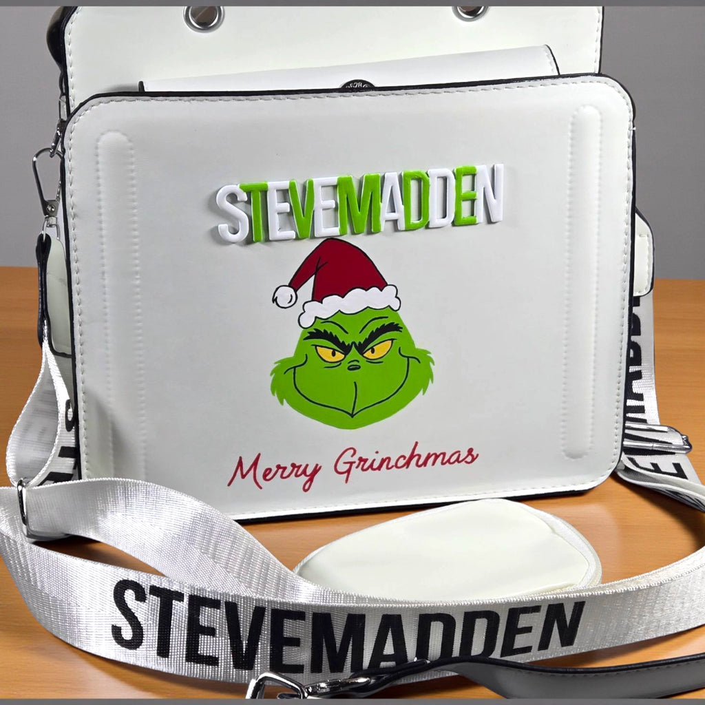 Hand-Painted Steve Madden White Bag – Custom Grinch Purse | “Merry Grinchmas” Holiday Art Bag