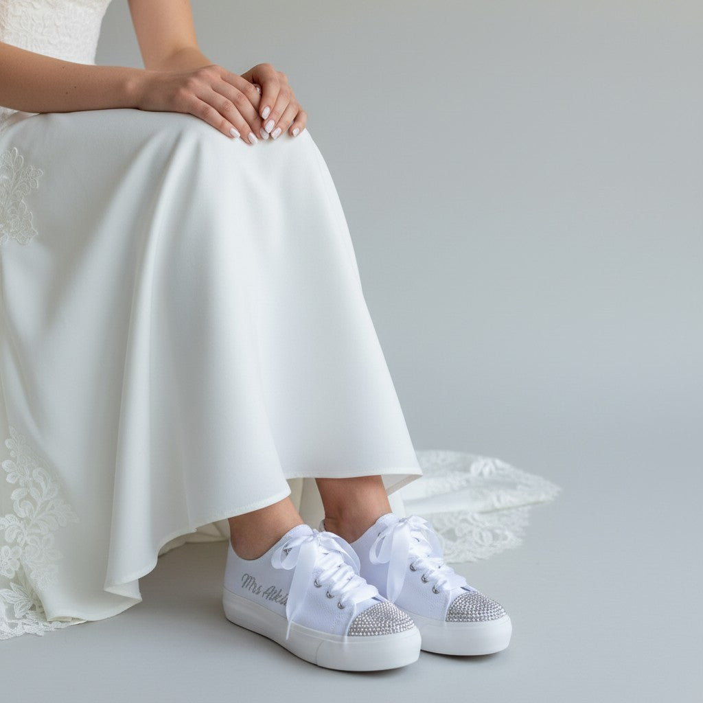 Personalised Wedding Trainers with Crystals & Satin Ribbon Laces