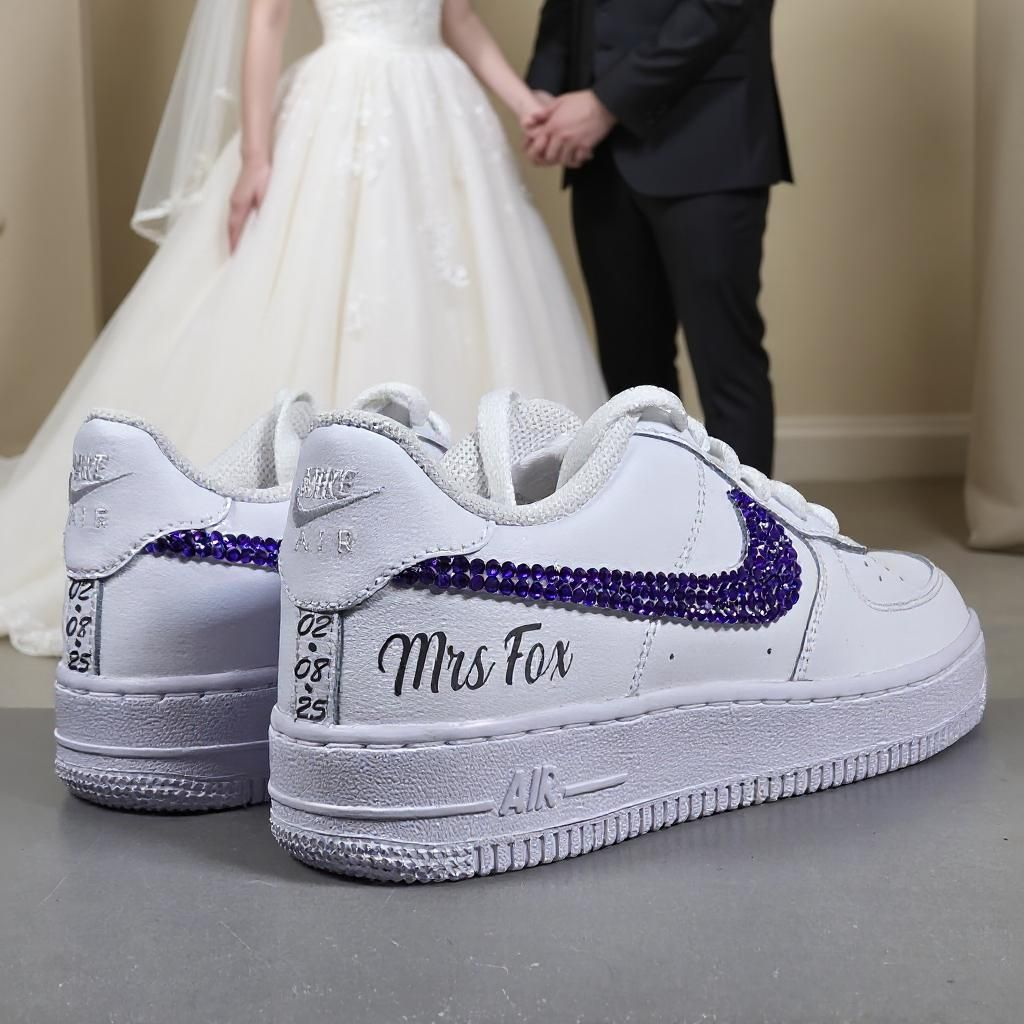 Personalised Bridal Nike Air Force 1s – Custom Wedding Sneakers with Blue Crystals