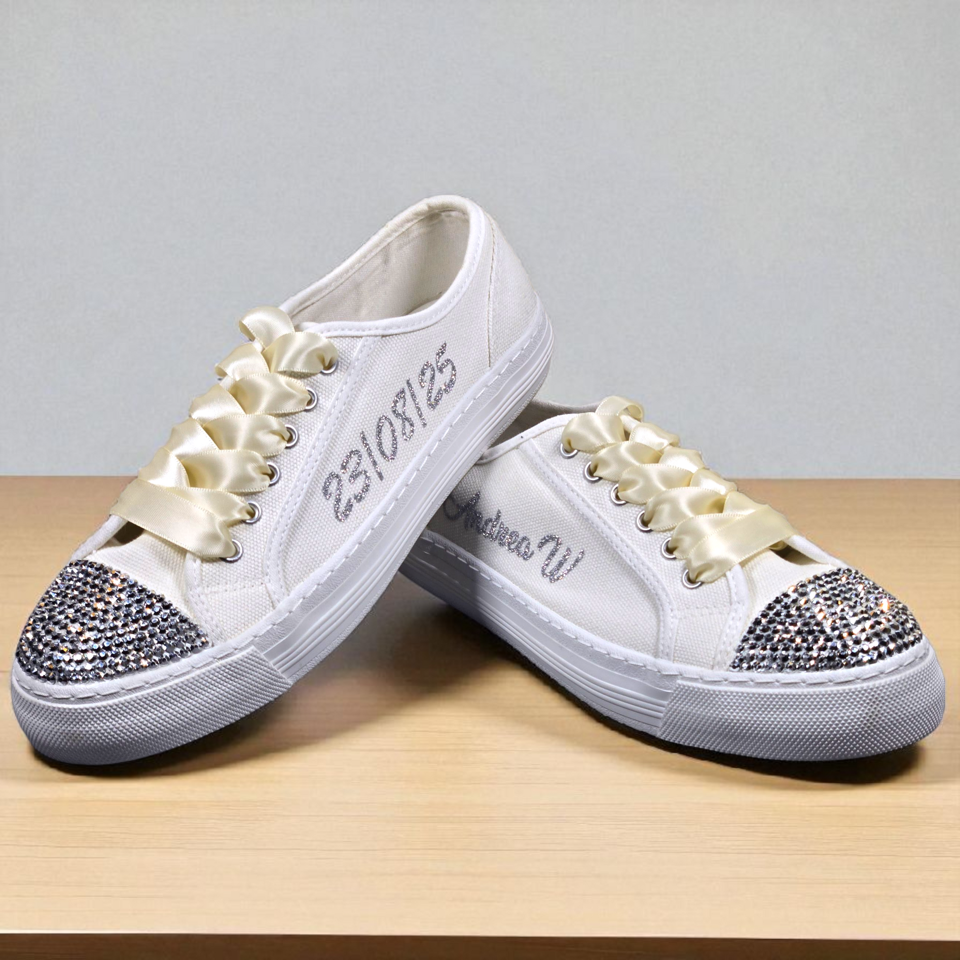 Ivory Lace Wedding Trainers – Custom Bridal Sneakers with Silver Crystals, Date & Name Personalisation