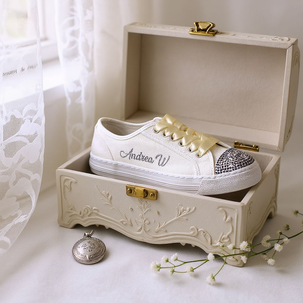 Ivory Lace Wedding Trainers – Custom Bridal Sneakers with Silver Crystals, Date & Name Personalisation
