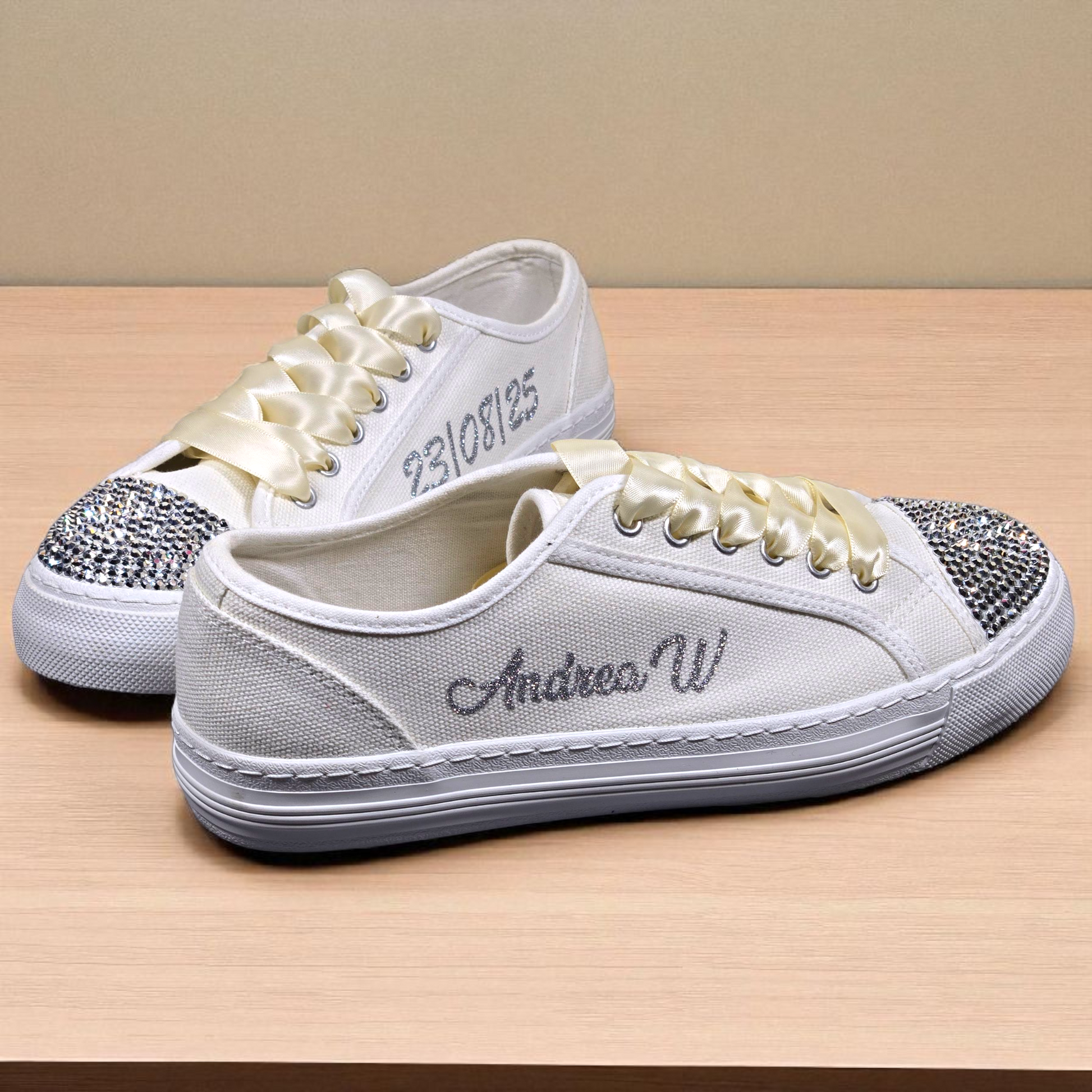 Ivory Lace Wedding Trainers – Custom Bridal Sneakers with Silver Crystals, Date & Name Personalisation