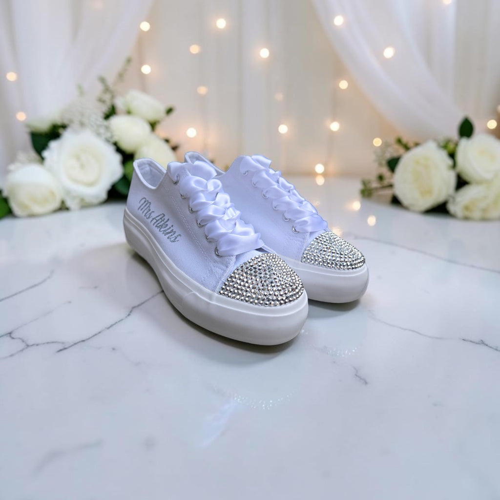 Personalised Wedding Trainers with Crystals & Satin Ribbon Laces