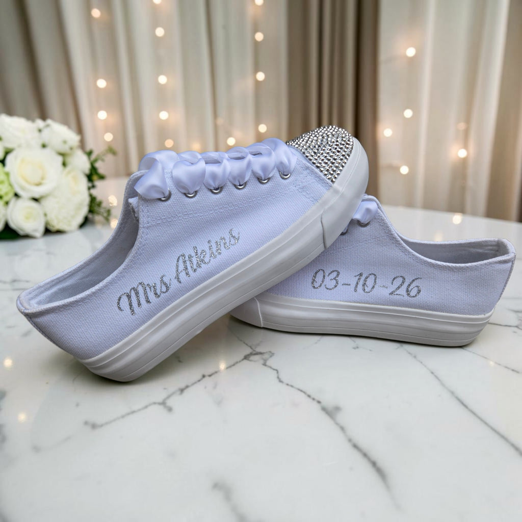 Personalised Wedding Trainers with Crystals & Satin Ribbon Laces
