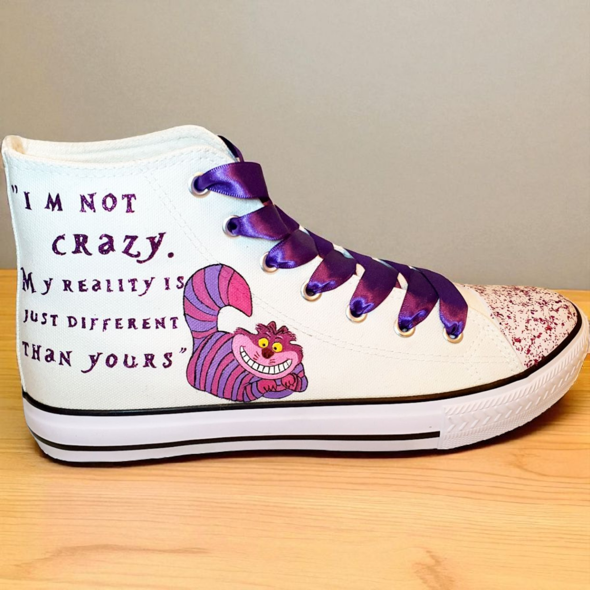 Hand-Painted Alice in Wonderland High-Top Canvas Shoes – Cheshire Cat & Mad Hatter Inspired Design