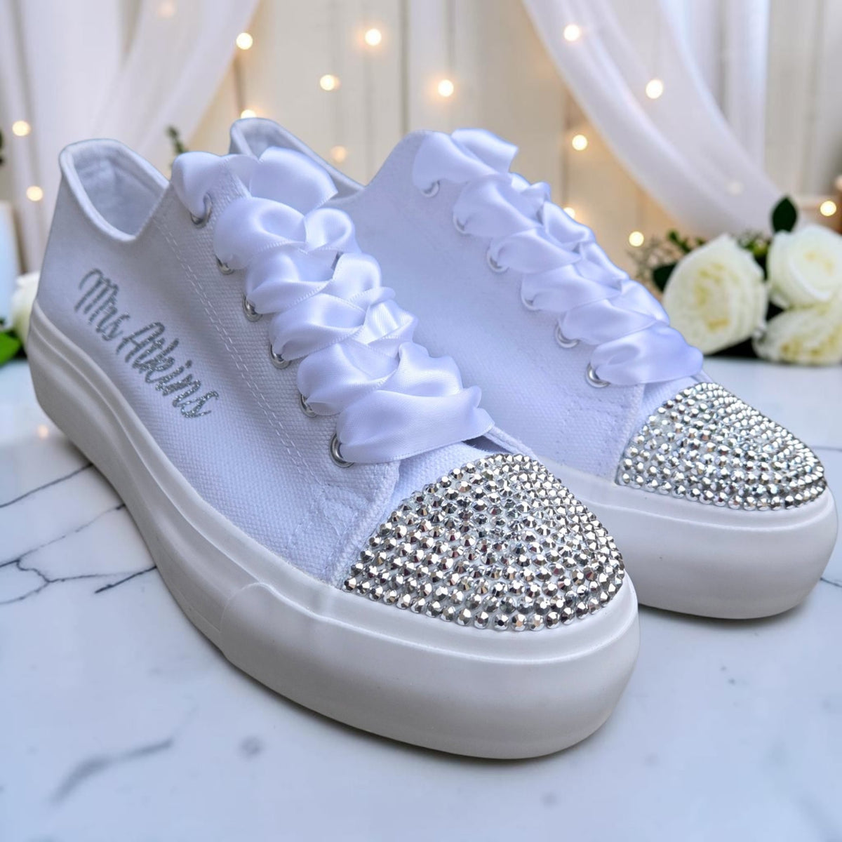 Personalised Wedding Trainers with Crystals & Satin Ribbon Laces