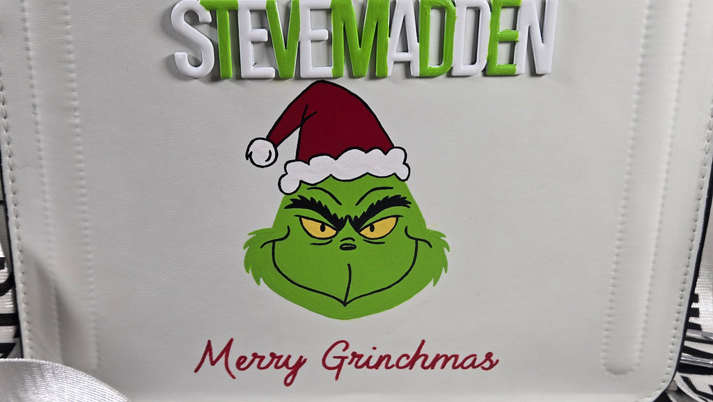 Hand-Painted Steve Madden White Bag – Custom Grinch Purse | “Merry Grinchmas” Holiday Art Bag