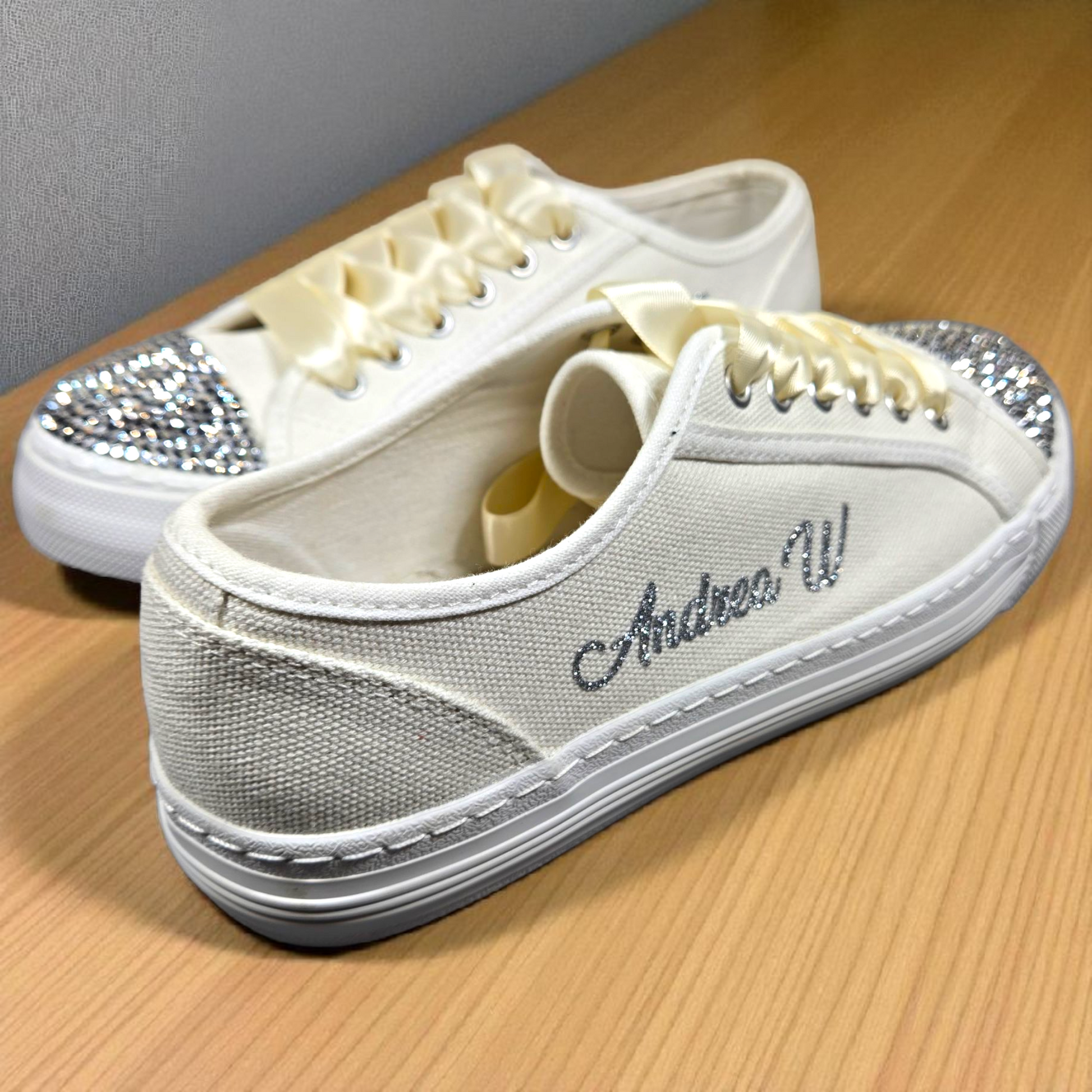 Ivory Lace Wedding Trainers – Custom Bridal Sneakers with Silver Crystals, Date & Name Personalisation