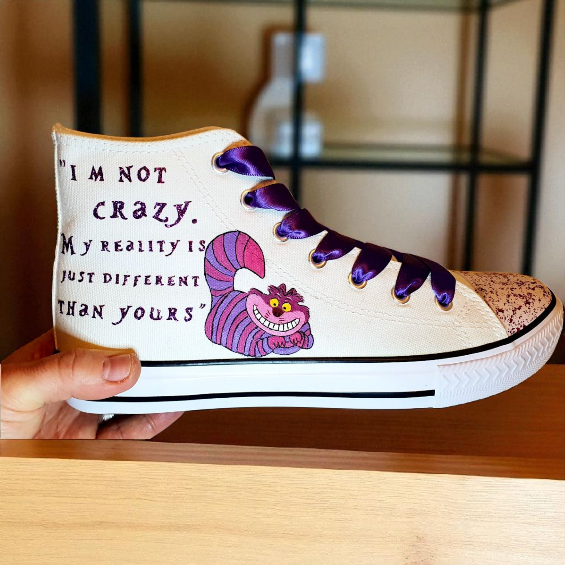 Hand-Painted Alice in Wonderland High-Top Canvas Shoes – Cheshire Cat & Mad Hatter Inspired Design