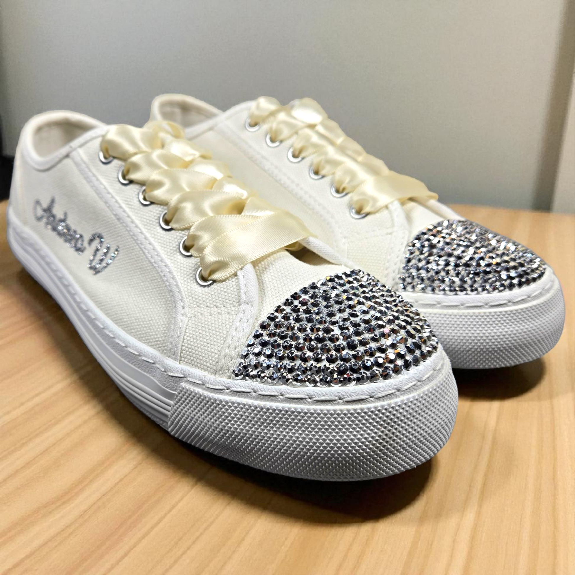 Ivory Lace Wedding Trainers – Custom Bridal Sneakers with Silver Crystals, Date & Name Personalisation